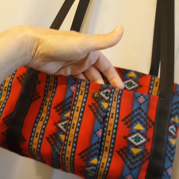New Southwestern Sarape stripe Mini Duffle Tote Bag Aztec arm bag Red Blue Blk - Picture 8 of 10